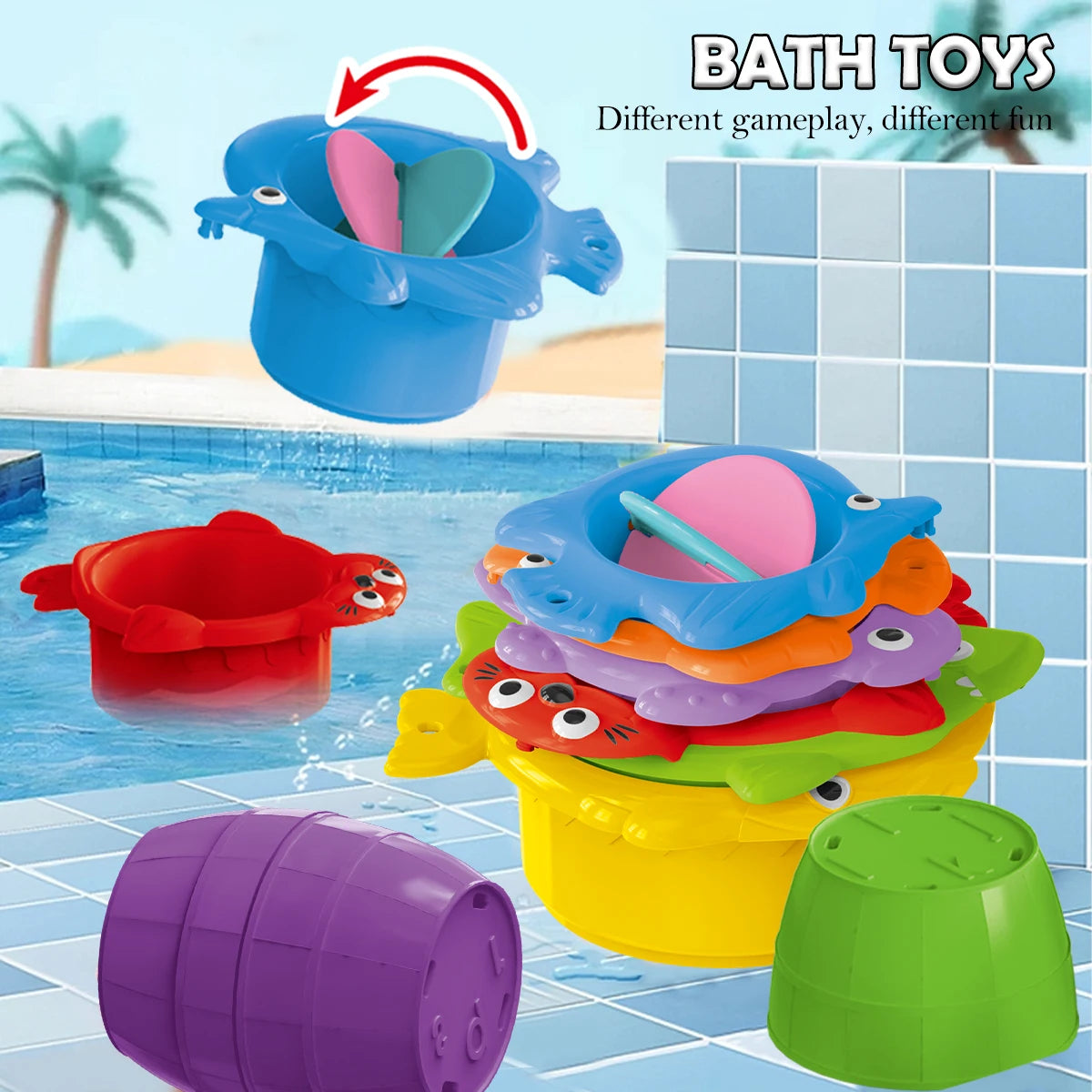 Jouets de bain pour bébé, tasse empilable, jouet pour tout-petits, couleurs aléatoires, tour empilable océan, baignoire, eau, plage, jeu de salle de bain, cadeaux