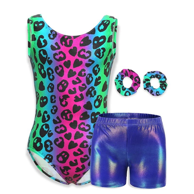 Justaucorps de gymnastique pour filles, vêtements de danse pour enfants avec short assorti, bandeau pour enfants