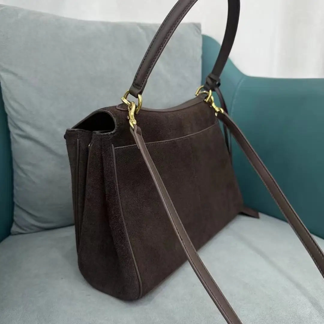 Sacs à main en cuir véritable pour femmes, fourre-tout en cuir véritable glacé, sac à bandoulière en daim marron pour dames, design moderne personnalisé