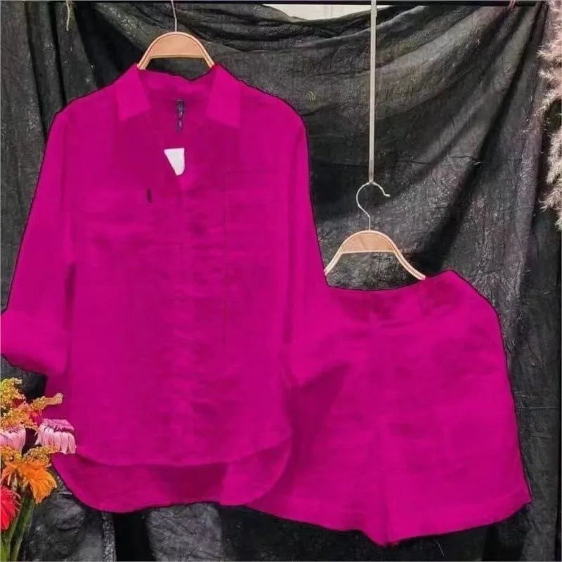 Ensemble d'été 2 pièces en coton et lin pour femmes, chemise et short blancs à manches longues, à la mode, pour la maison, survêtement, 2024