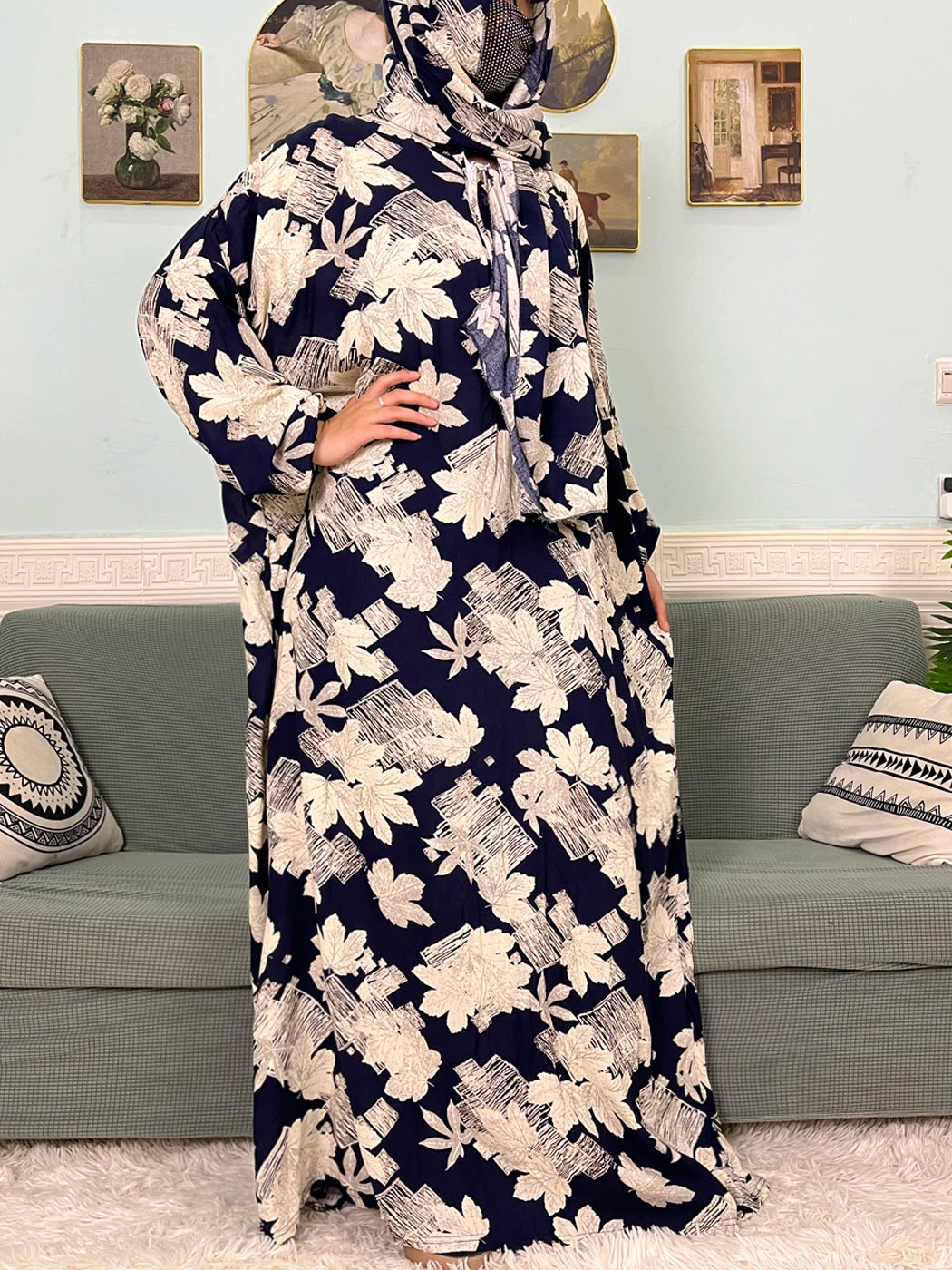 Abayas musulmanes en coton pour femmes, vêtement de prière traditionnel à fleurs pour Ramadan, Caftan africain, Marocain, Robe connectée, foulard