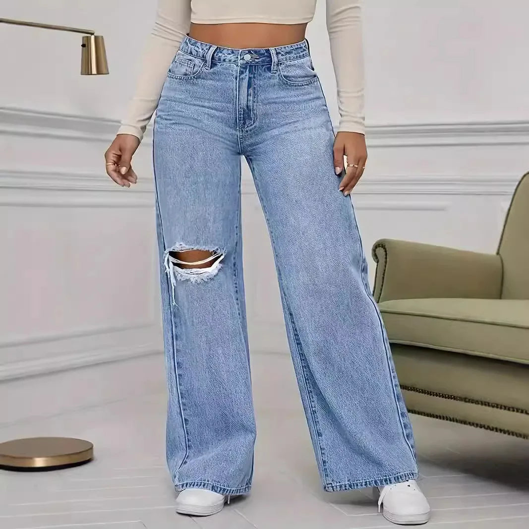 Pantalon en Denim à jambes larges pour femmes, ample, taille haute, trou de personnalité délavé, nouvelle mode classique décontractée, longueur au sol, quatre saisons