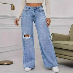 Pantalon en Denim à jambes larges pour femmes, ample, taille haute, trou de personnalité délavé, nouvelle mode classique décontractée, longueur au sol, quatre saisons