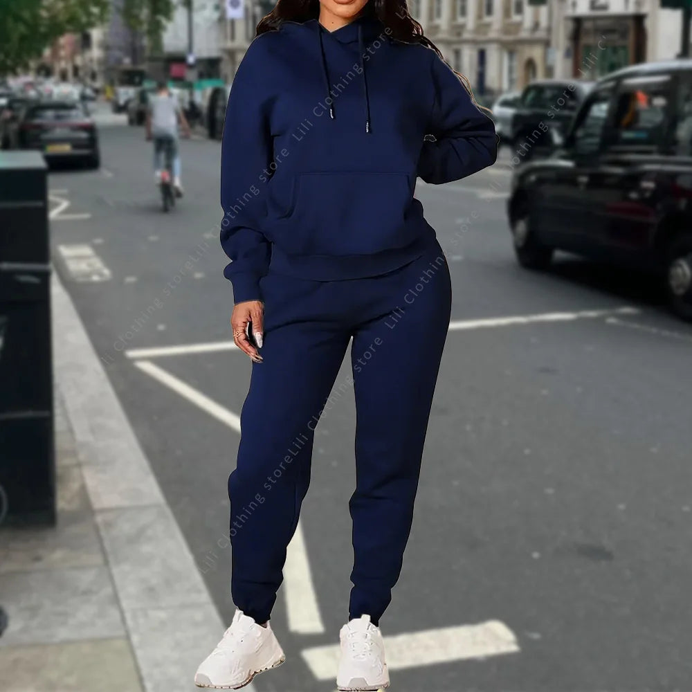 Ensemble deux pièces à capuche et pantalon pour femme, basique, vierge, automne-hiver, sweat-shirt surdimensionné, coupe ample, survêtement féminin