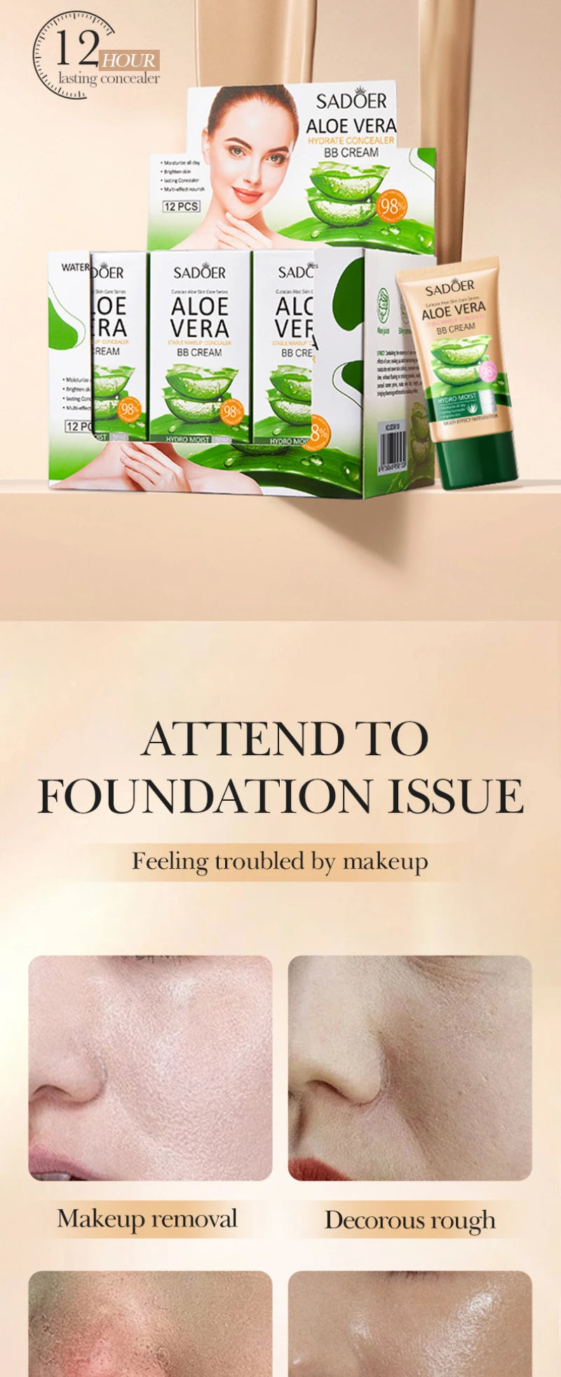 Aloe Vera BB crème-hydratant et dissimulant au collagène fond de teint à couverture complète, correcteur longue durée et léger