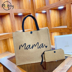 Sac fourre-tout en lin 2 pièces, sac à main en toile de grande capacité, sacs de Shopping, sac de maquillage, porte-monnaie pour mariage, cadeau d'anniversaire, vacances à la plage