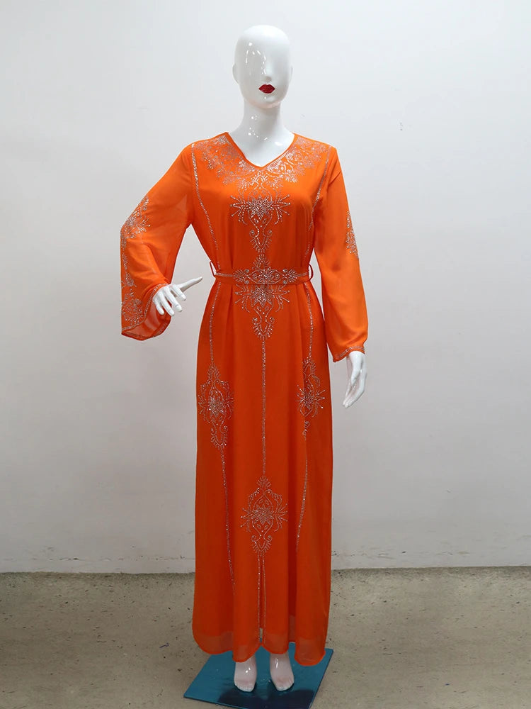 Eid Jalabiya - Women's Muslim Evening Dress, Diamond Lace-Up Arabic Abayas, Long Dresses, Elegant Dress, Educational Dress for Ramadan