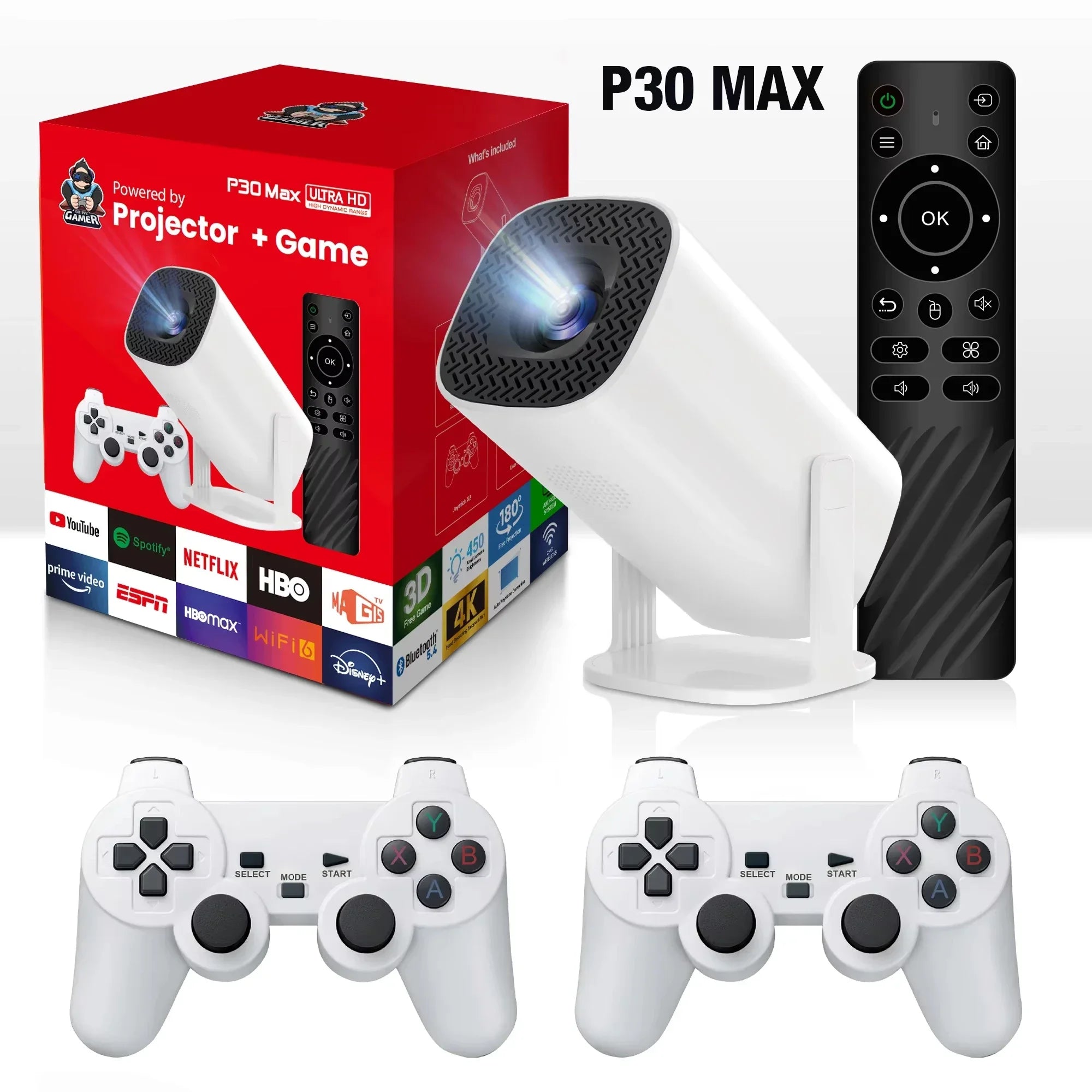 Projecteur de jeu 3D P30MAX, Console de jeu vidéo rétro, contrôleur sans fil 4K ULTRA HD, plug and play, Android11 BT5.0, cinéma maison 720P