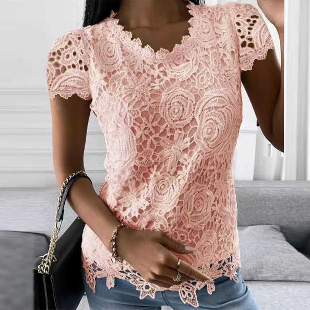 Femmes dentelle col rond hauts T-Shirts dames été décontracté à manches courtes Blouse pull mode vêtements pour