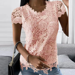 Femmes dentelle col rond hauts T-Shirts dames été décontracté à manches courtes Blouse pull mode vêtements pour