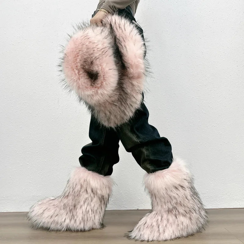 Bottes de neige mi-mollet en fourrure pour femmes et filles, chaussures en peluche chaudes, plate-forme extérieure, document solide, mignon, hiver, Y2K, 2023