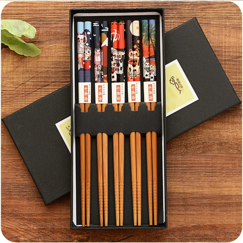 Ensemble de baguettes en bambou antidérapantes, 5 paires, vaisselle japonaise en bois naturel, nourriture pour Sushi, ensemble de baguettes longues multicolores pour la maison