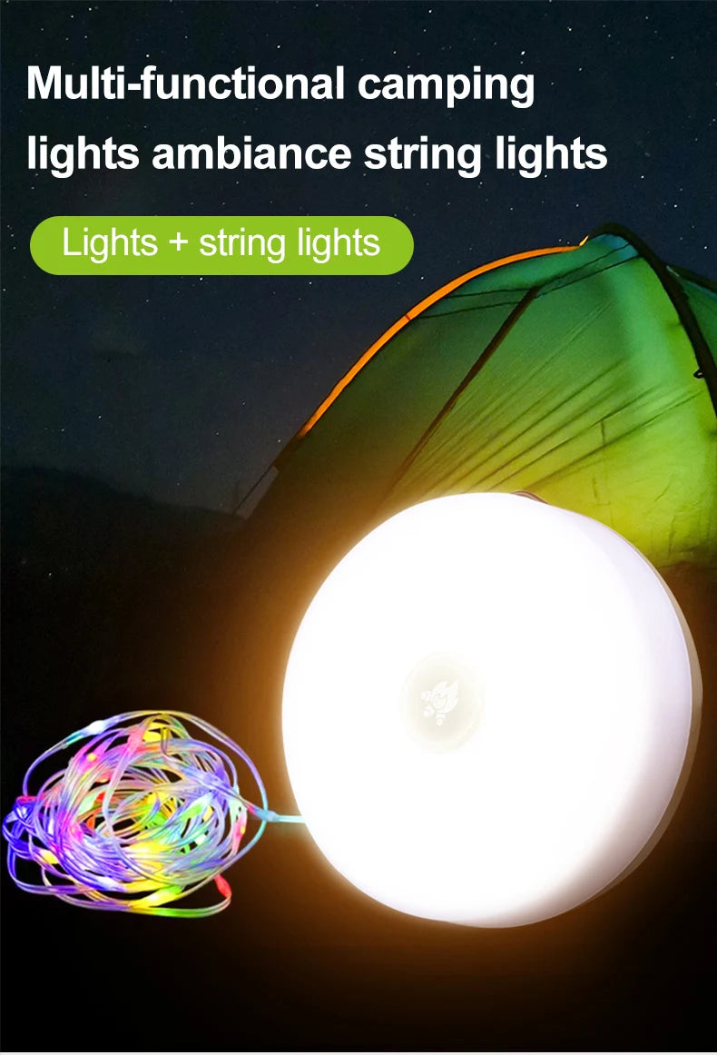 Guirxiété Solar Light for Outdoor Camping, LED Flashlight with Hook, Tent Light, RGB Lights, Stopovers, 10m