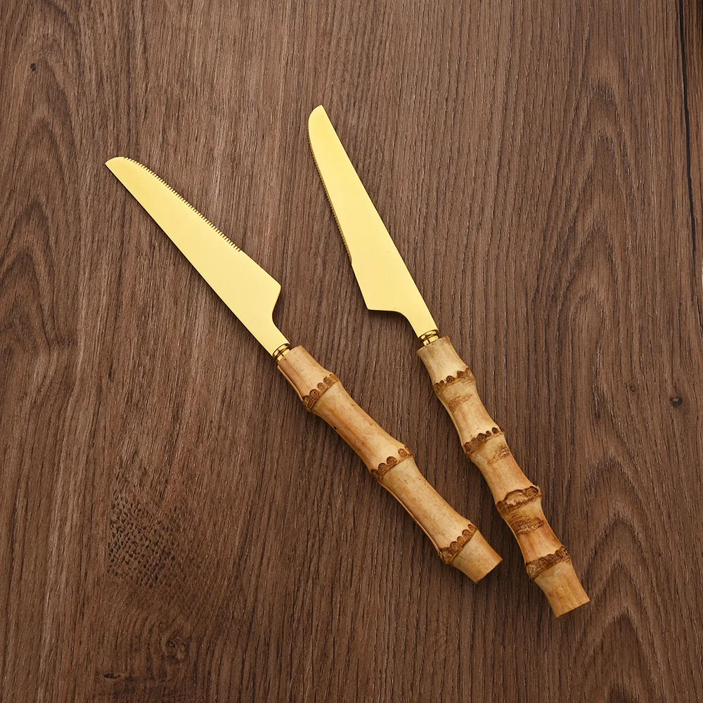 Couverts en acier inoxydable avec manche en bambou naturel, 24 pièces, service de table, couteau à steak
