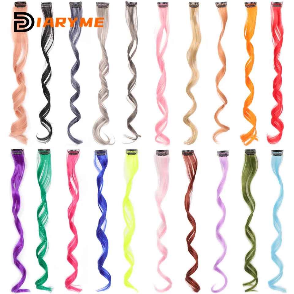 Colorful curly synthetic hair extensions for girls, long clip-in hairpiece, multicolored party strands, wig piece, for women and children