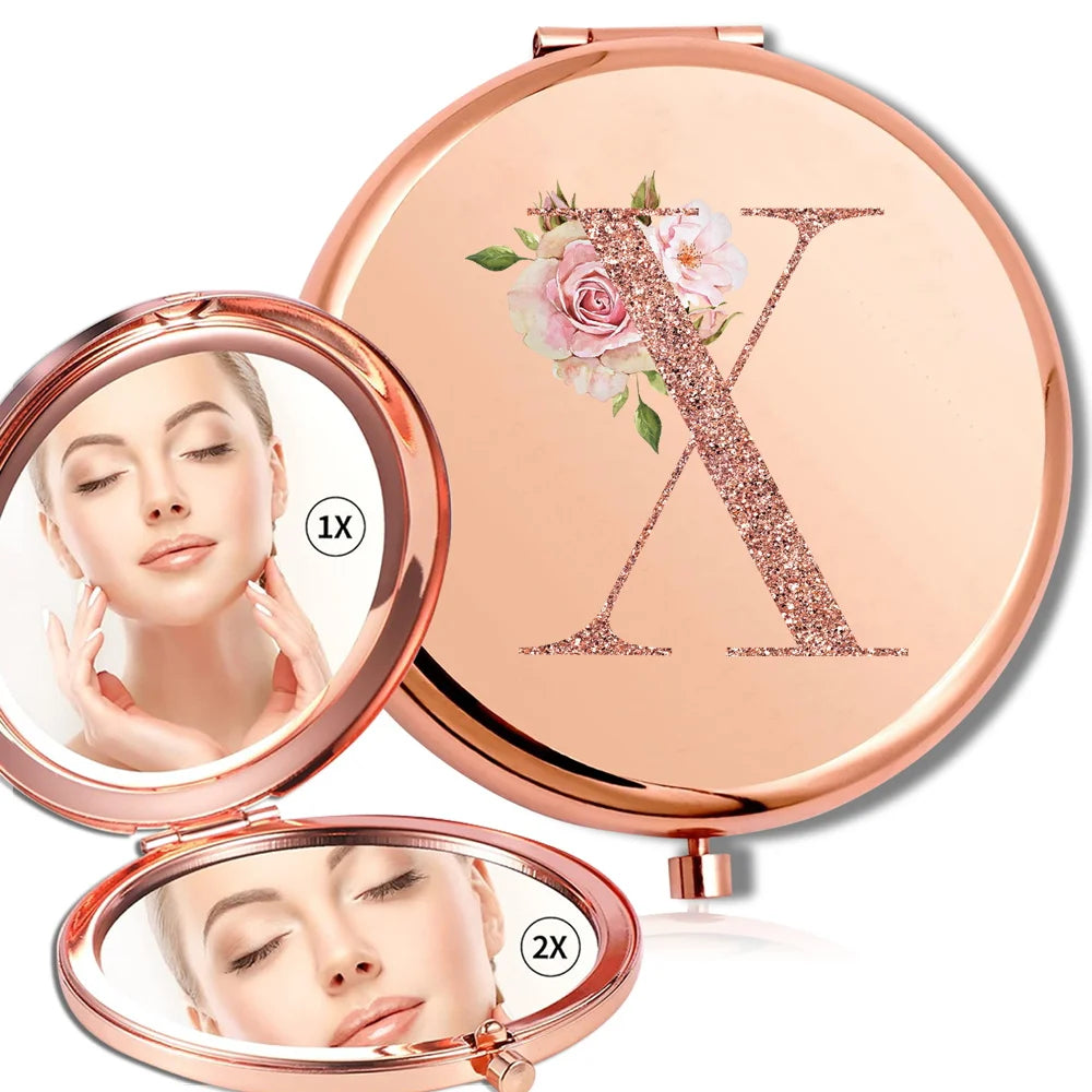 Miroir rond de maquillage grossissant Double face en métal, cosmétique, aspect Portable, verre, Compact, motif de lettres en or Rose