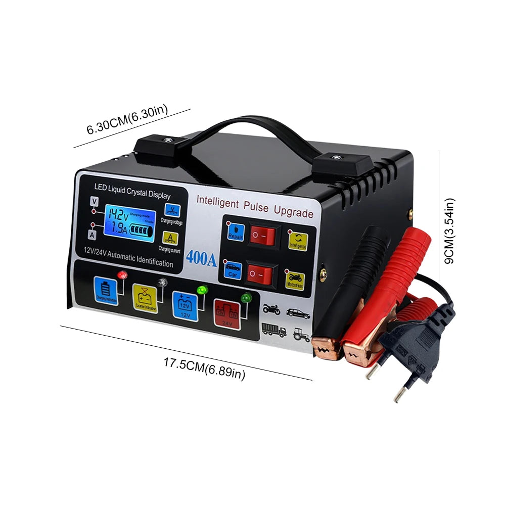 High-power car battery charger, fast charger, intelligent pulse repair, automatic shut-off, 400A, 12V, 24V, 220W