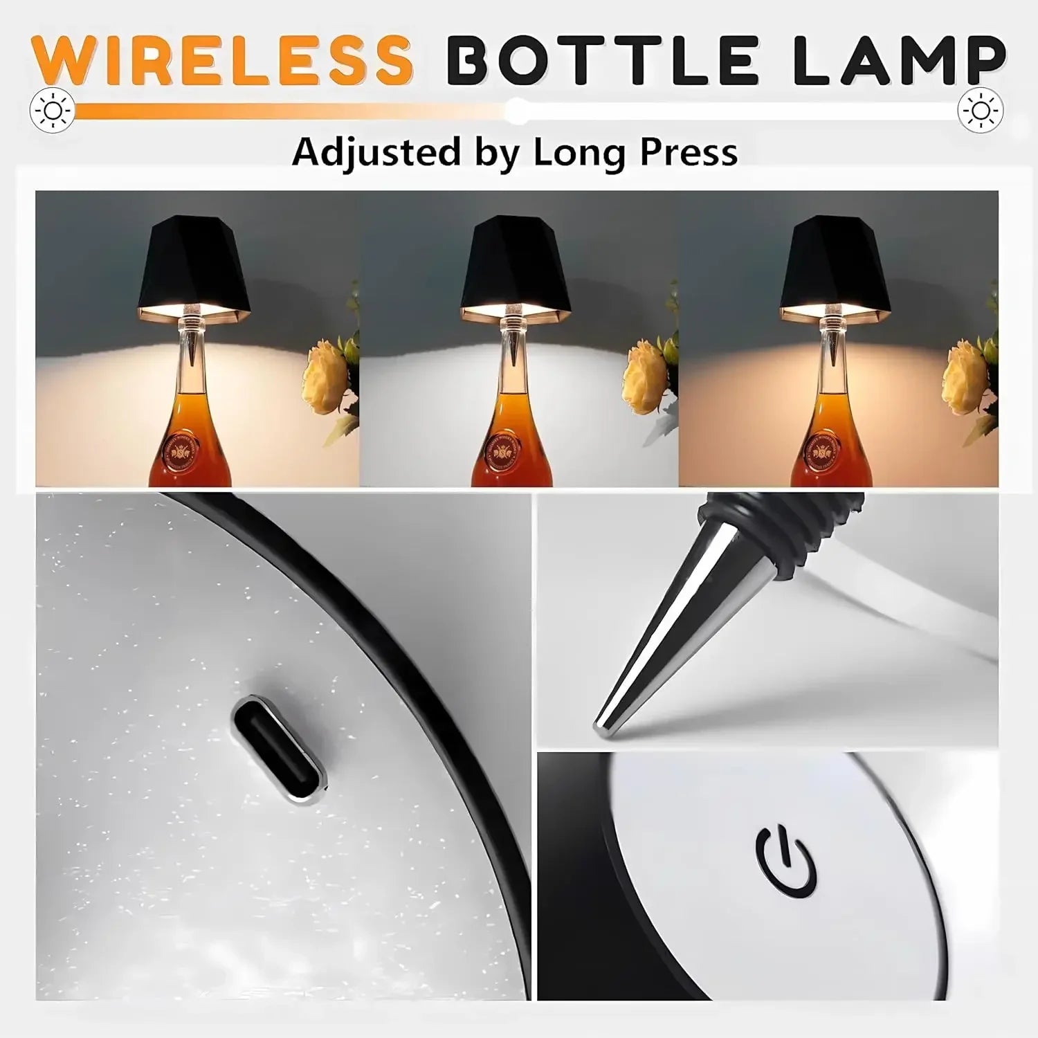 Wireless bottle-shaped table lamp, touch control, 3 colours, stepless dimming, night light suitable for bars.