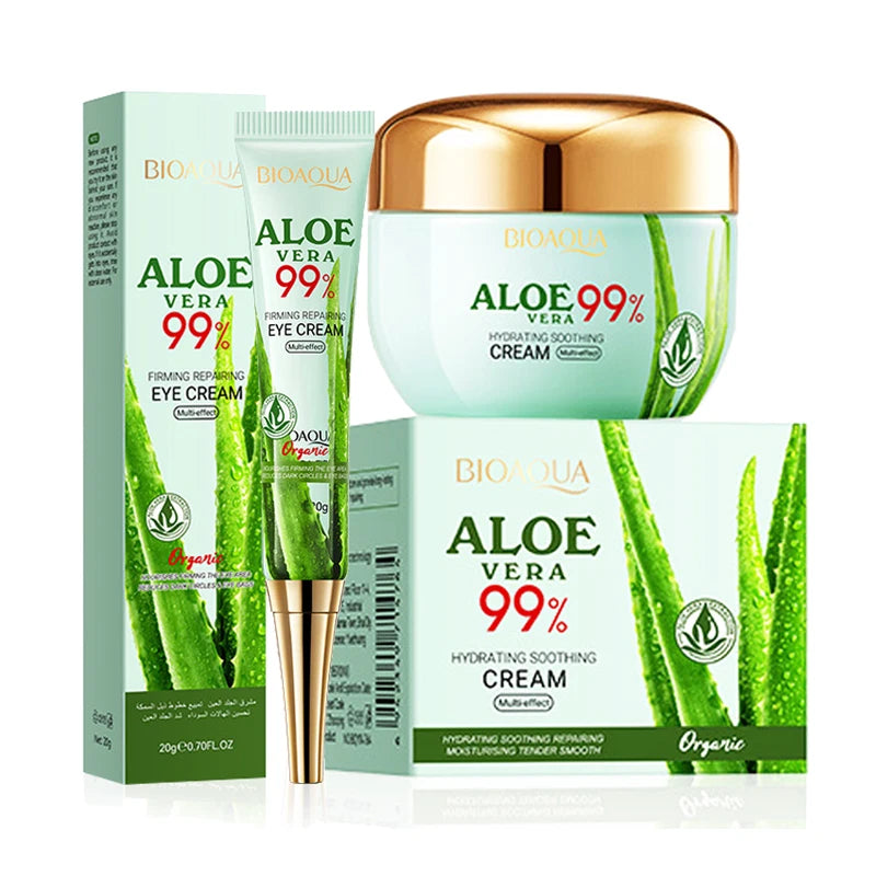 2 pièces/kit BIOAQUA Aloe Vera ensembles de soins de la peau crème pour les yeux du visage hydratant raffermissant crèmes à l'aloe vera ensemble de soins de la peau du visage