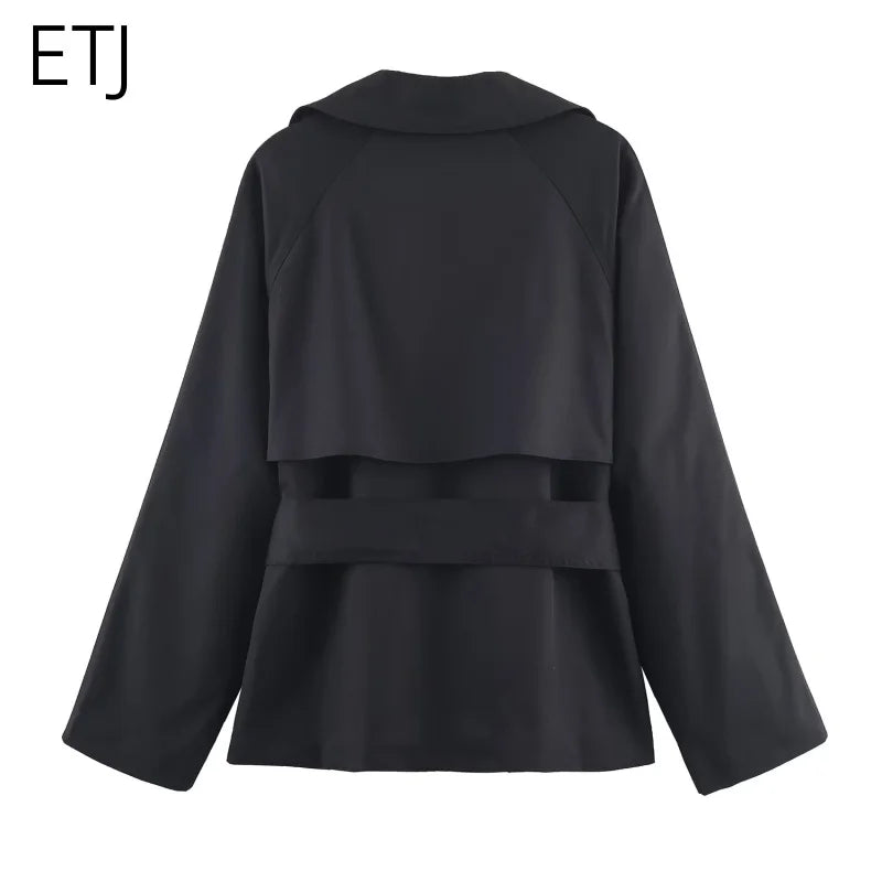 ETJ Autumn 2025 New Collection Women's British Style Double-Breasted Lapel Mesh Colour Belted Casual Trench Coat