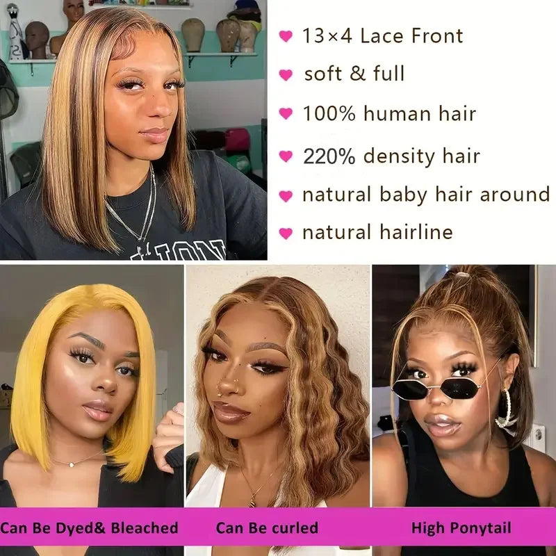 100% perruques de cheveux humains 13x4 dentelle cheveux humains dentelle frontale perruque prêt à porter Bob perruques 220 densité pour les femmes noires 4/27 couleur or