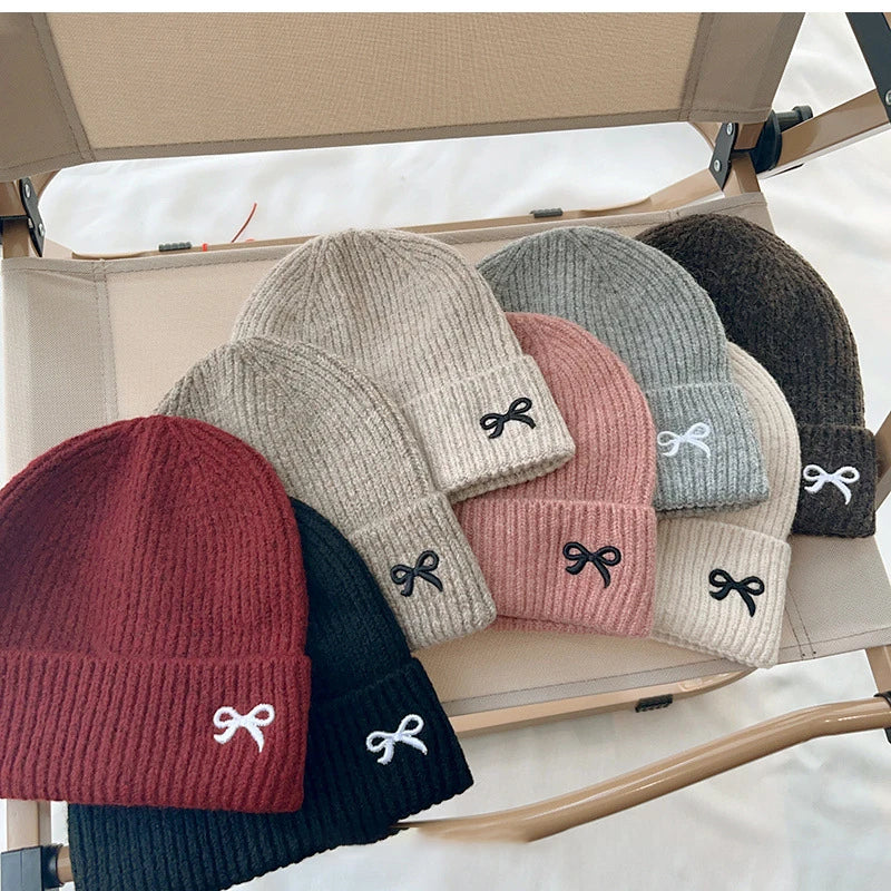 Écharpes coréennes avec nœud brodé pour enfants, bonnet doux pour enfants, chapeau épais pour filles et garçons, casquette chaude imbibée d'hiver, chapeaux mignons, 2 pièces