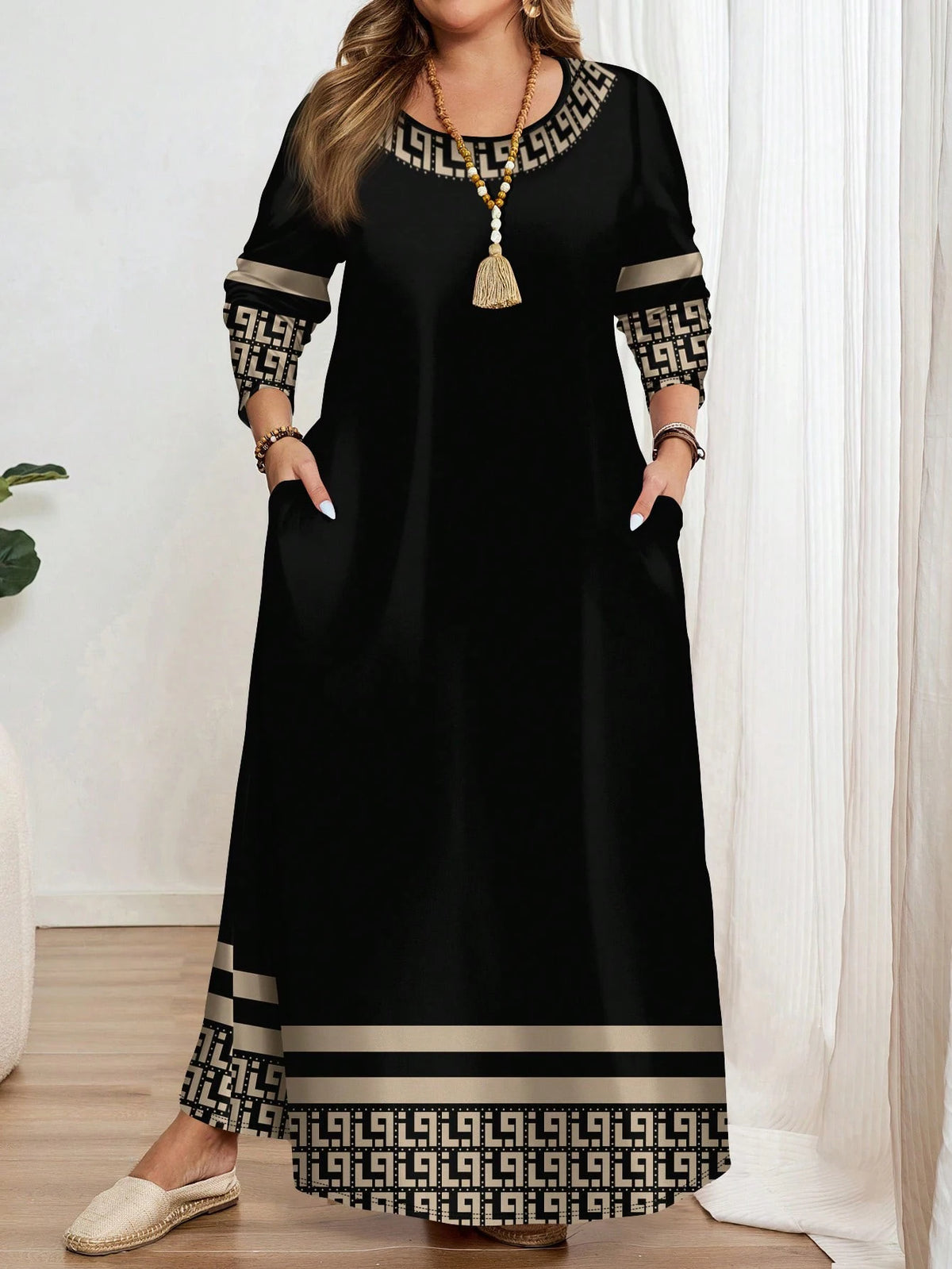 Robe à manches longues et col rond pour femmes, grande taille, mode ethnique, imprimé géométrique
