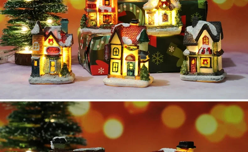 Christmas decoration house LED light durable Christmas ornaments small resin mini house miniature village building for home children gift