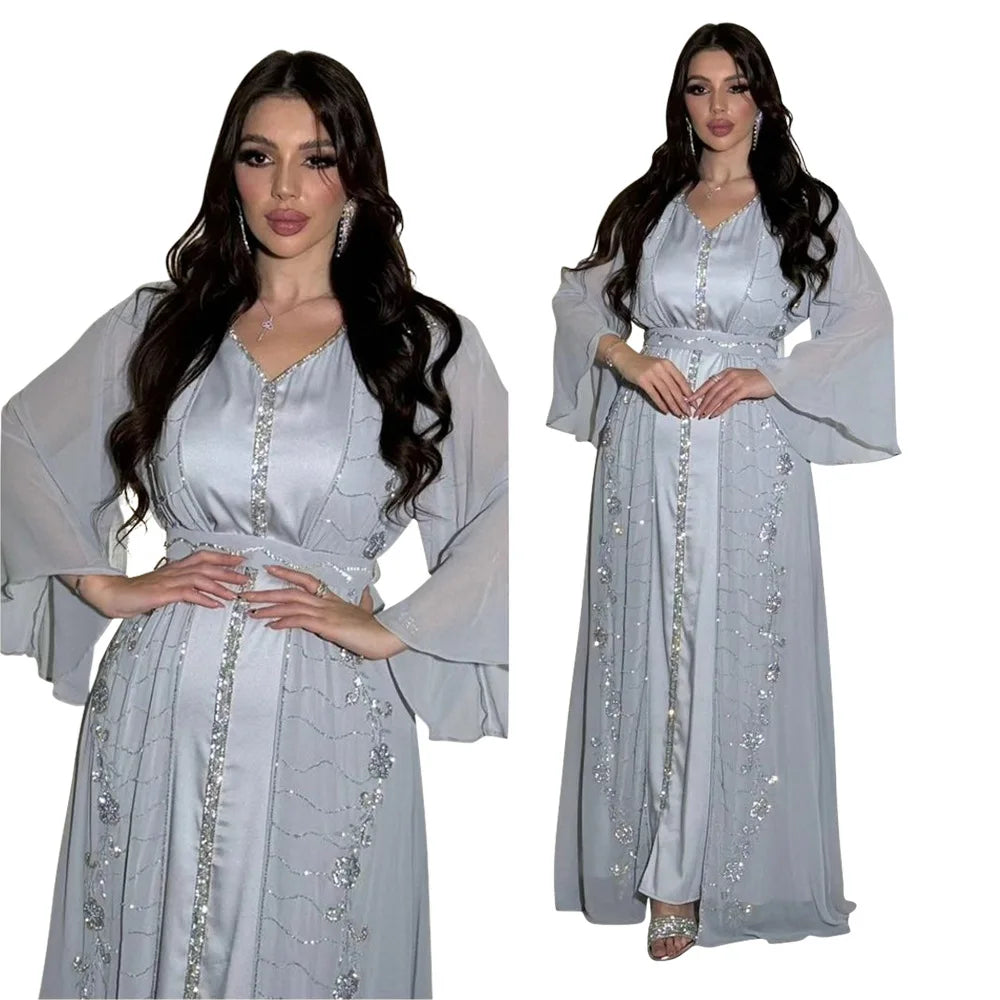 Elegant 2-piece set for Muslim women, open Arabic Eid abaya dress, Islamic jalabiyya, luxury Turkish dress, Moroccan caftan