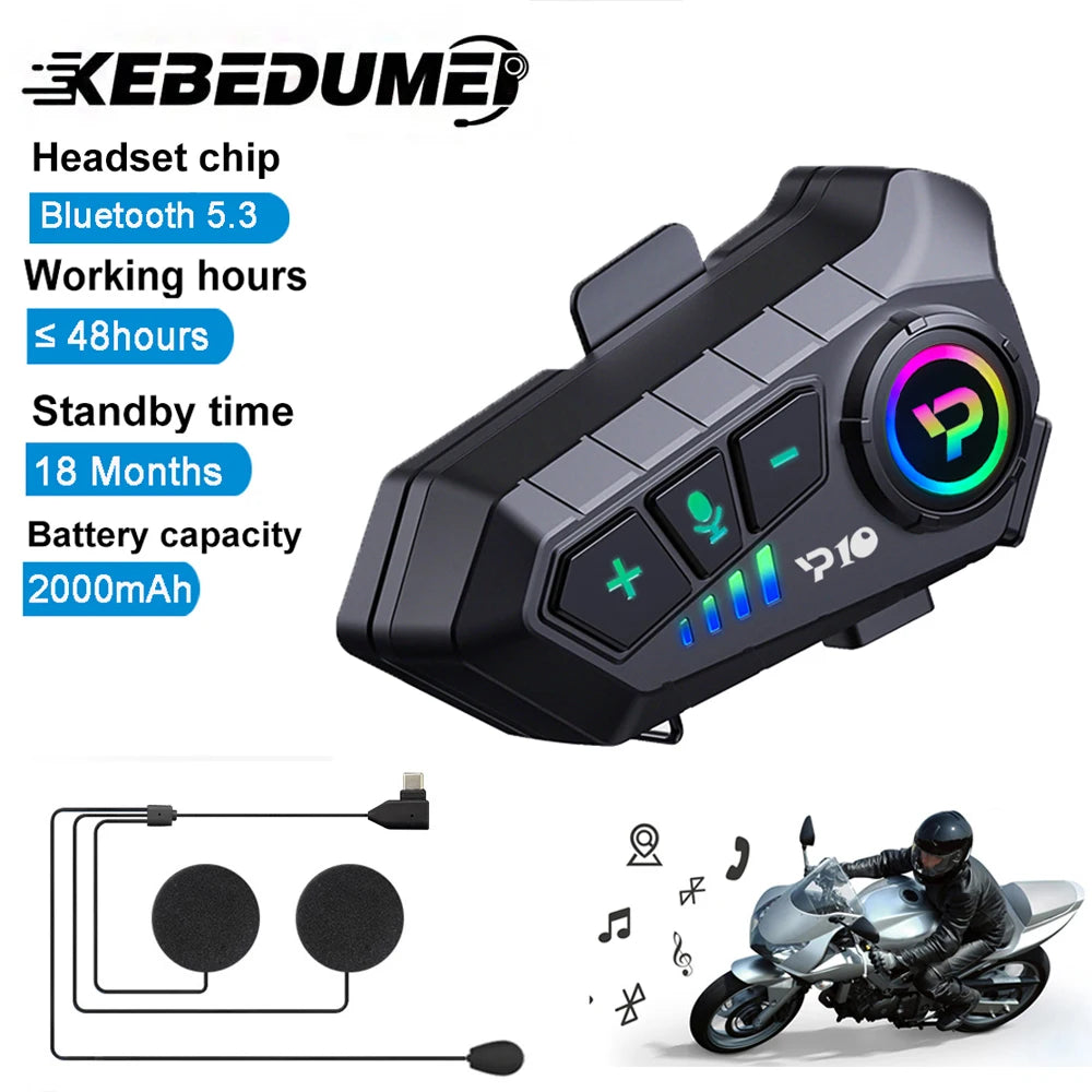 Casque de moto Bluetooth 5.3 sans fil, étanche IPX6, réduction du bruit, écouteur, 2000mAh, longue veille, mains libres