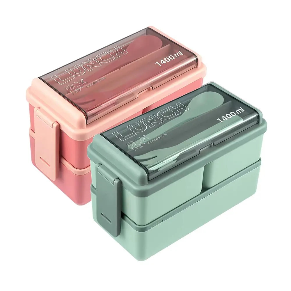 Boîte à déjeuner Portable Double couche pour enfants, avec fourchette et cuillère, boîtes à Bento pour micro-ondes, ensemble de vaisselle, conteneur de stockage des aliments