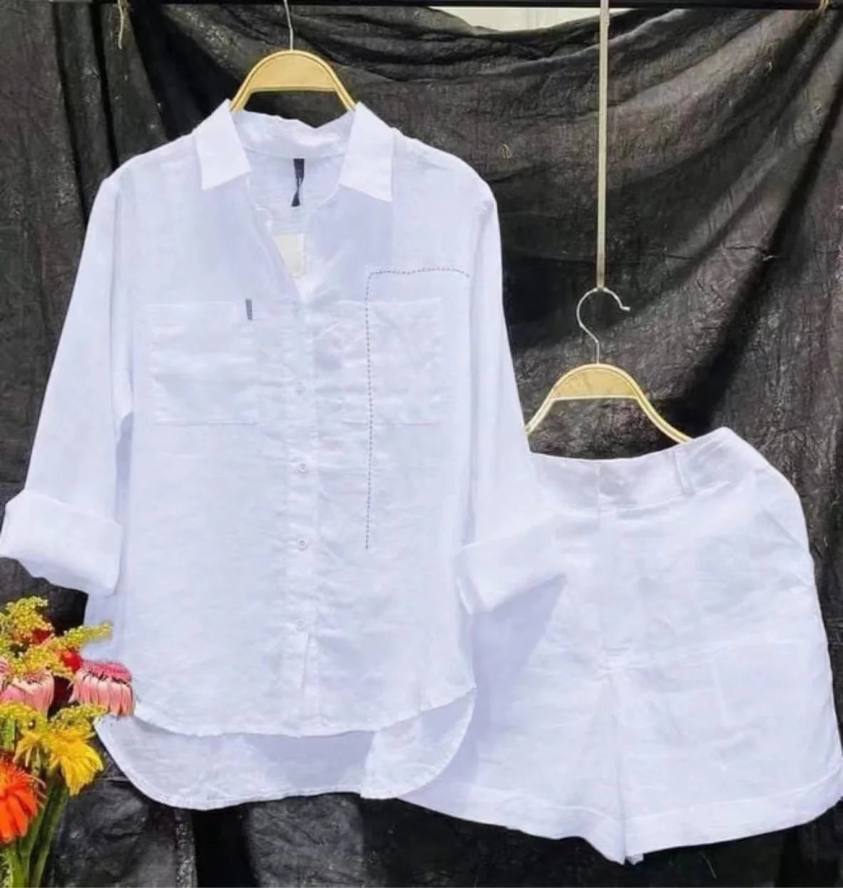 Ensemble d'été 2 pièces en coton et lin pour femmes, chemise et short blancs à manches longues, à la mode, pour la maison, survêtement, 2024