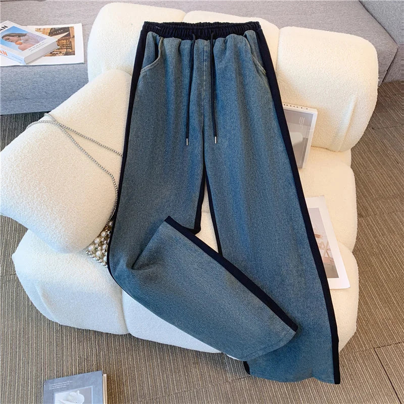 Ensemble pantalon en Denim, col montant, Patchwork, manteaux de rue, hauts à jambes larges, jean gothique droit, Vintage, ensemble deux pièces Simple