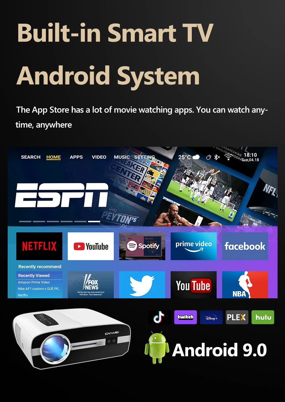 Projecteur Android Smart TV 4K projecteur de lumière du jour à mise au point automatique pour films Home cinéma WIFI 6 projecteur de faisceau ANSI 3000 avec karaoké