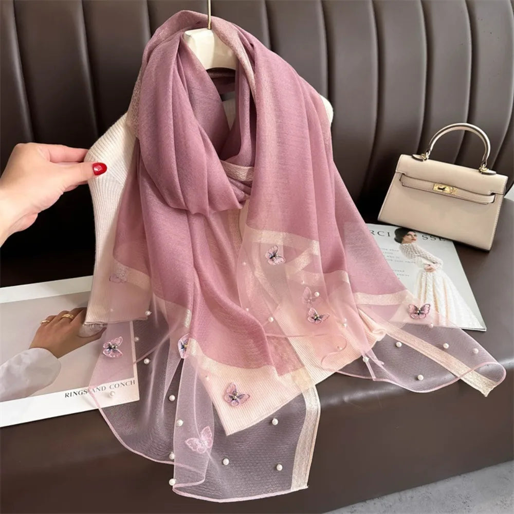 Grand Foulard Fin et Élégant avec Broderie Papillon, Châle Hijab de Luxe pour Femme