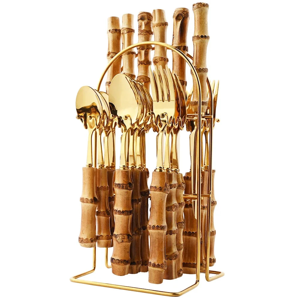 Couverts en acier inoxydable avec manche en bambou naturel, 24 pièces, service de table, couteau à steak