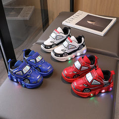 Diseny enfants chaussures décontractées lumière LED voiture Club dessin animé en cuir PU printemps chaussures pour enfants anti-dérapant rouge bleu chaussures taille 21-30
