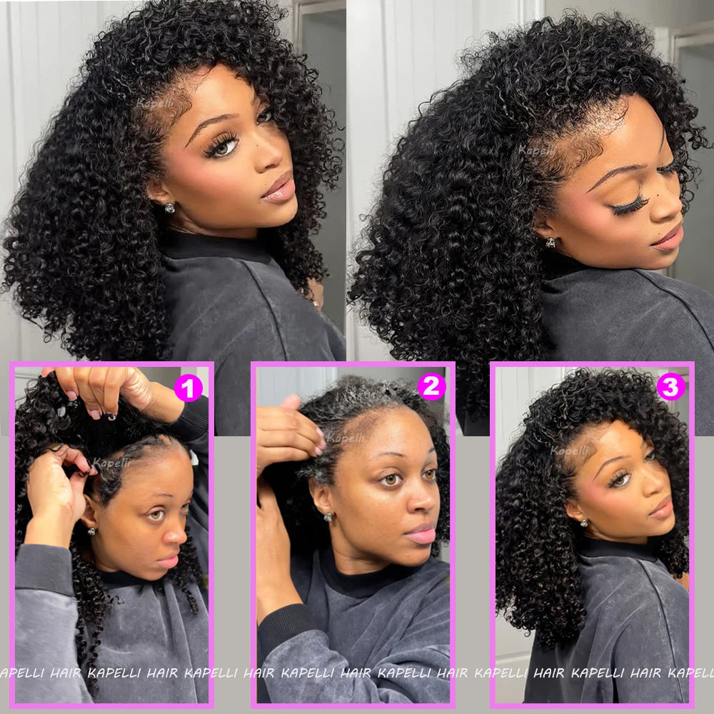 Demi-perruque cheveux humains crépus bouclés sans colle perruque cheveux humains prêt à porter 3 en 1 demi perruque avec cordon 250 densité bouclée demi-perruque