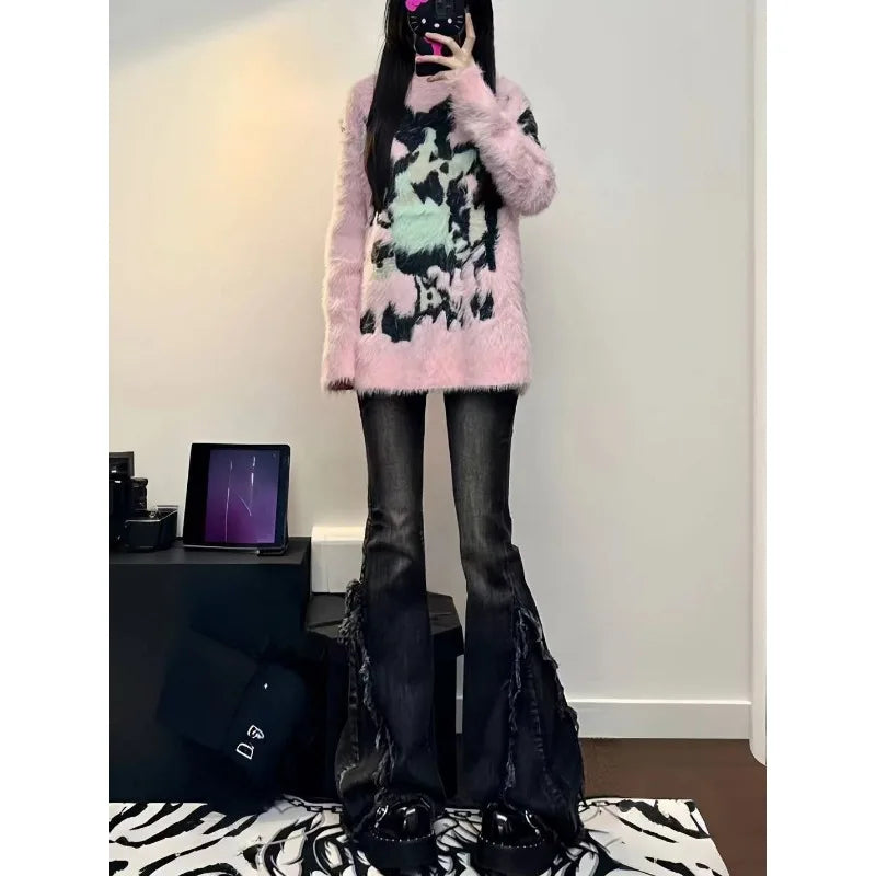 Women's Ruffled Denim Jeans, Retro American Style, Low Rise, High Elasticity, Slimming, Wide Leg, Mop Pants, Autumn