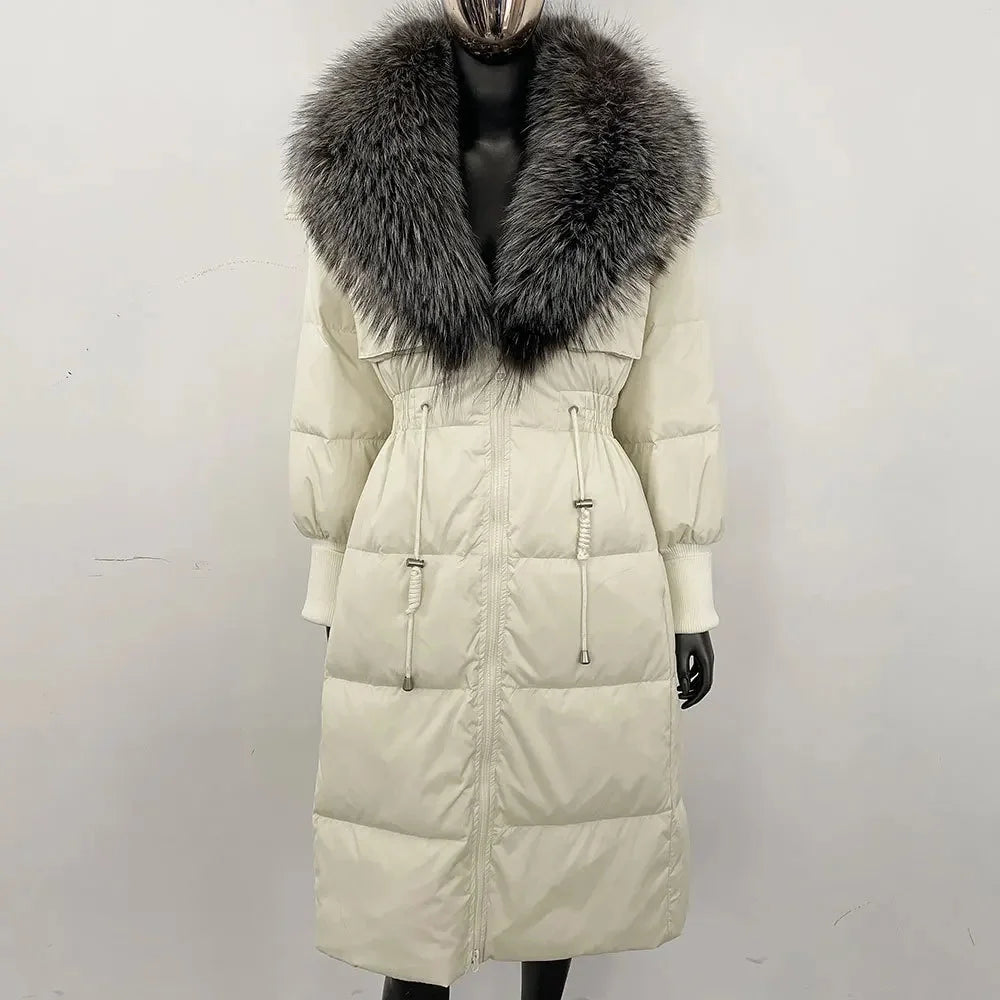 Doudoune longue avec col en fourrure pour femme, pardessus en fourrure de renard, longueur aux genoux, à la mode, chaude, cintrée à la taille, vêtements d'extérieur amincissants