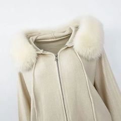 Women's fox fur collar coat, hooded jacket with detachable handles, fashionable knitwear, cozy sweater, autumn, winter, 2024