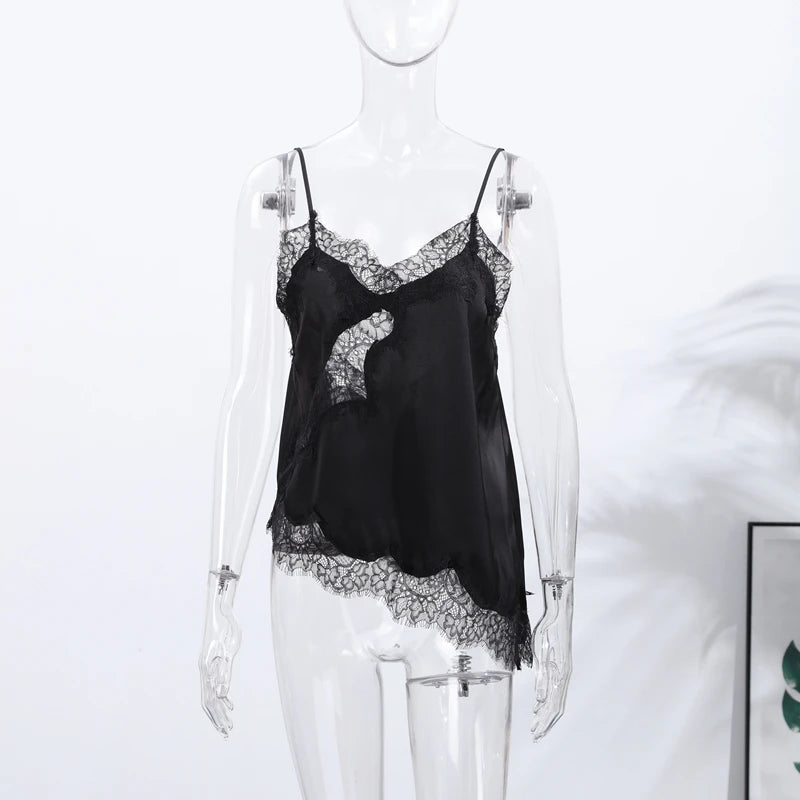 Été femmes haut à licou Satin dentelle épissé réservoir dos nu col profond Sexy gilet ourlet irrégulier robes 2025 dame vacances Sexy hauts