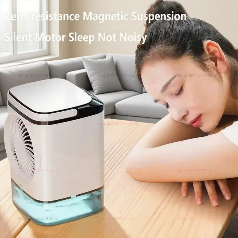 Mini portable desktop air cooler fan, quiet operation, equipped with a spray humidifier, ideal for cooling and hydrating, for the office and home.