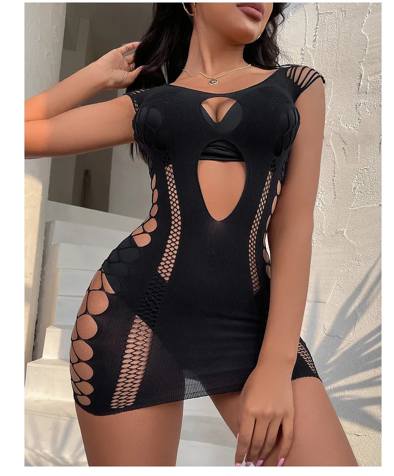 Sexy femmes résille licou robe dos nu coupe basse serré crayon robe mignonne grande taille Mini robe boîte de nuit robe de danse Beatchwear