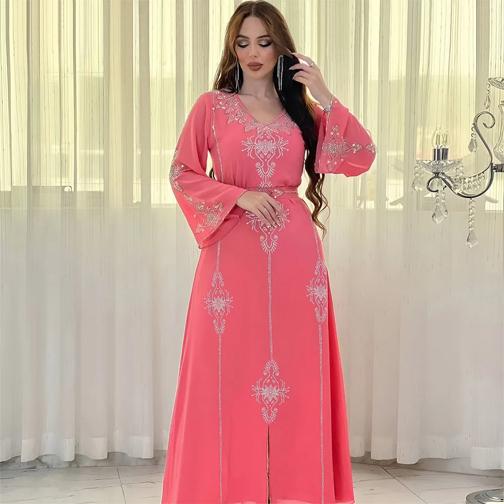 Eid Jalabiya - Women's Muslim Evening Dress, Diamond Lace-Up Arabic Abayas, Long Dresses, Elegant Dress, Educational Dress for Ramadan