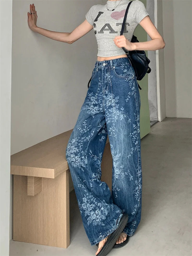 2025 Premium Y2K Jeans - Pantalon Palazzo en Denim vieilli imprimé floral artistique décontracté à jambe droite 2664