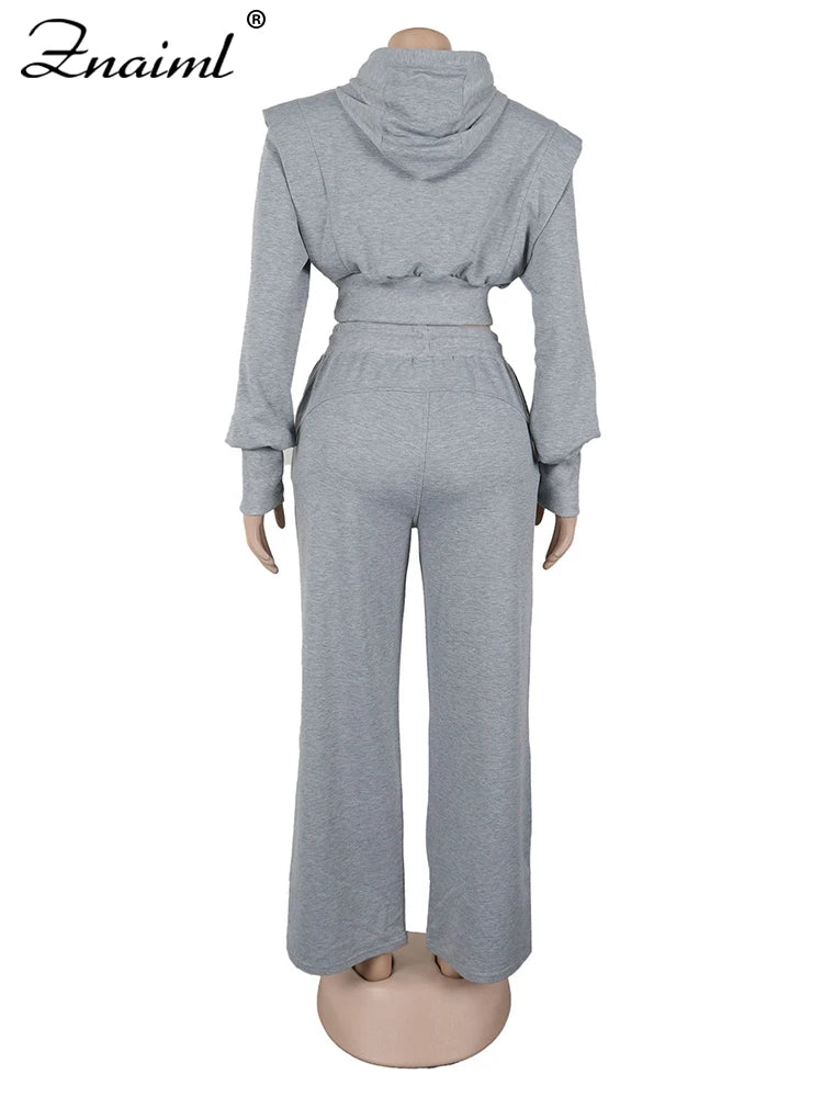 Znaiml gris tenue femmes Sport deux 2 pièces hiver sweat à capuche hauts et pantalons à jambes larges survêtement Streetwear Sportsuit 2025