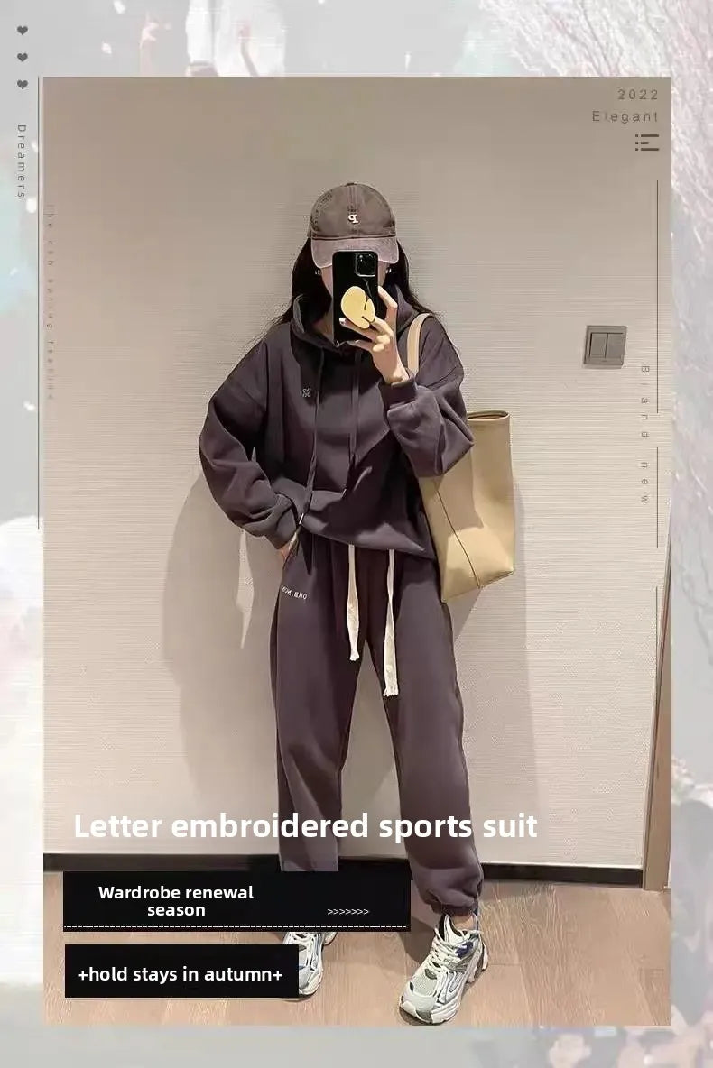Ensemble de sport américain à la mode pour femmes, sweat à capuche, pantalon décontracté brodé, ensemble deux pièces en Fiber de Polyester, automne hiver