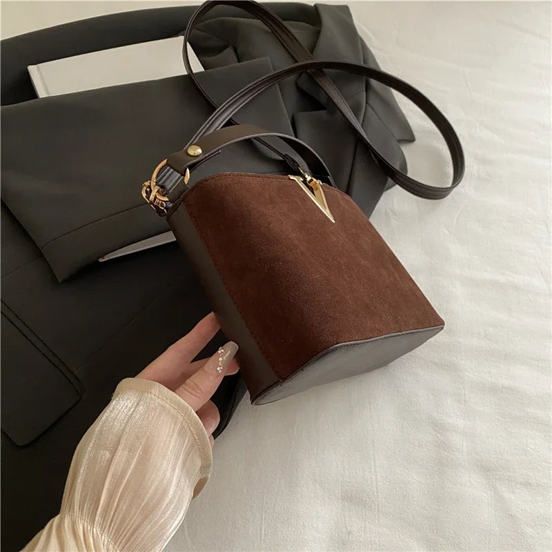 Fashionable mini suede bag for women, faux suede tote bag, decorative handbag with locking buckle, shoulder bags 