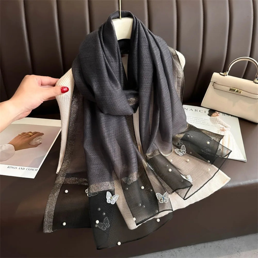 Grand Foulard Fin et Élégant avec Broderie Papillon, Châle Hijab de Luxe pour Femme
